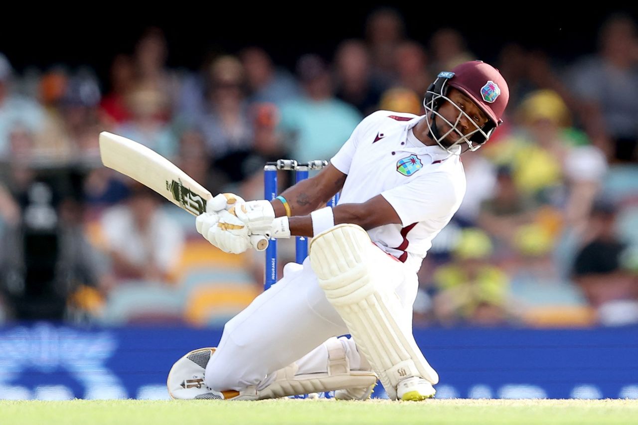 Kavem Hodge evades a short ball, Australia vs West Indies, 2nd Test, Brisbane, 3rd day, January 27, 2024