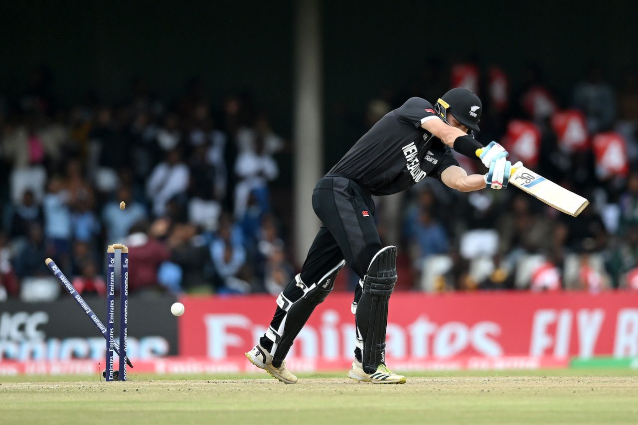 Luke Watson loses his stumps to Ubaid Shah, New Zealand vs Pakistan, Men's Under-19 World Cup, East London, January 27, 2024
