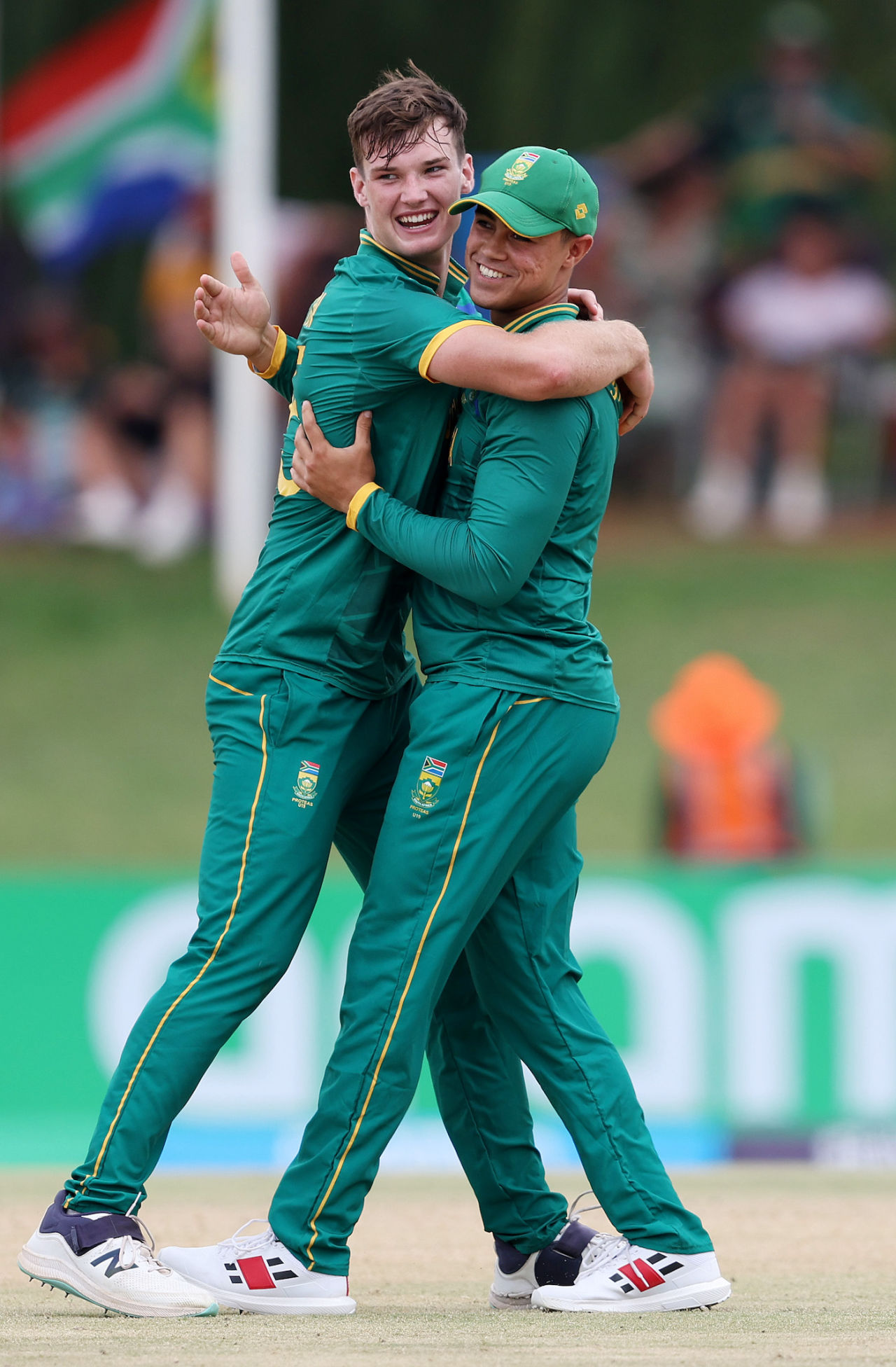 Riley Norton (L) was the pick of the South Africa bowlers, South Africa vs Scotland, Men's Under-19 World Cup, Potchefstroom, January 27, 2024