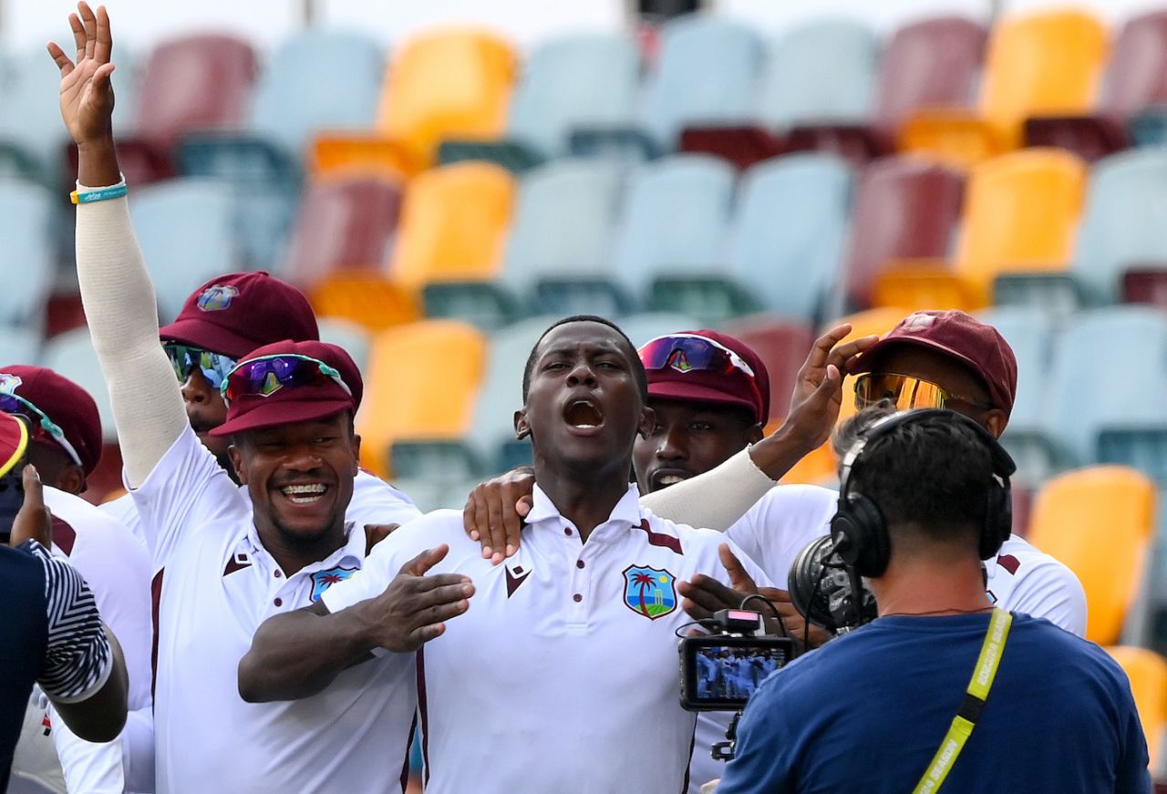 Shamar Joseph led the celebrations for West Indies, Australia vs West Indies, 2nd Test, Brisbane, 4th day, January 28, 2024