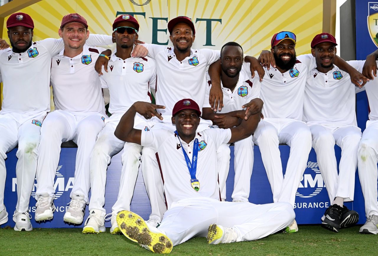 Shamar Joseph and team-mates celebrate the famous win, Australia vs West Indies, 2nd Test, Brisbane, 4th day, January 28, 2024