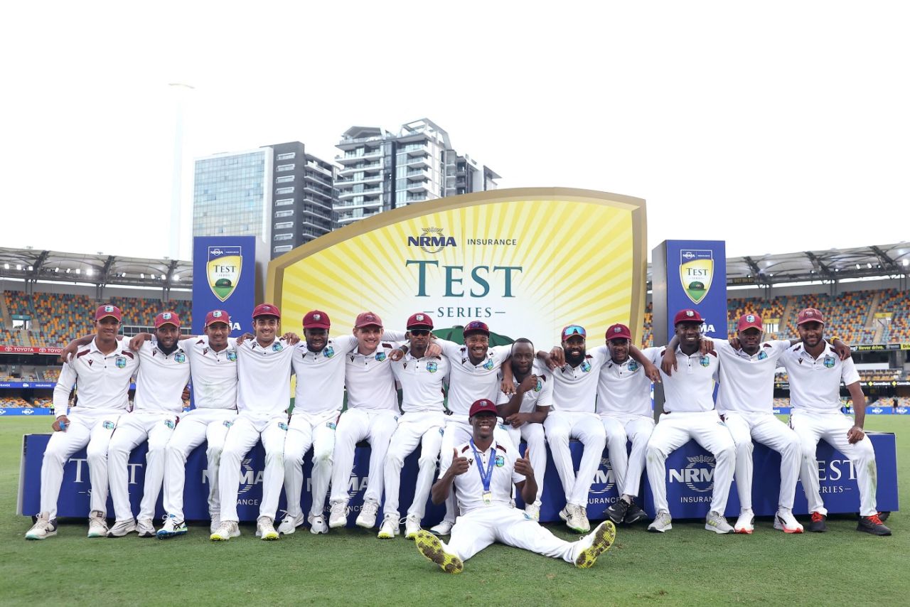 West Indies team pose after their first Test win in Australia in 27 years, Australia vs West Indies, 2nd Test, Brisbane, 4th day, January 28, 2024