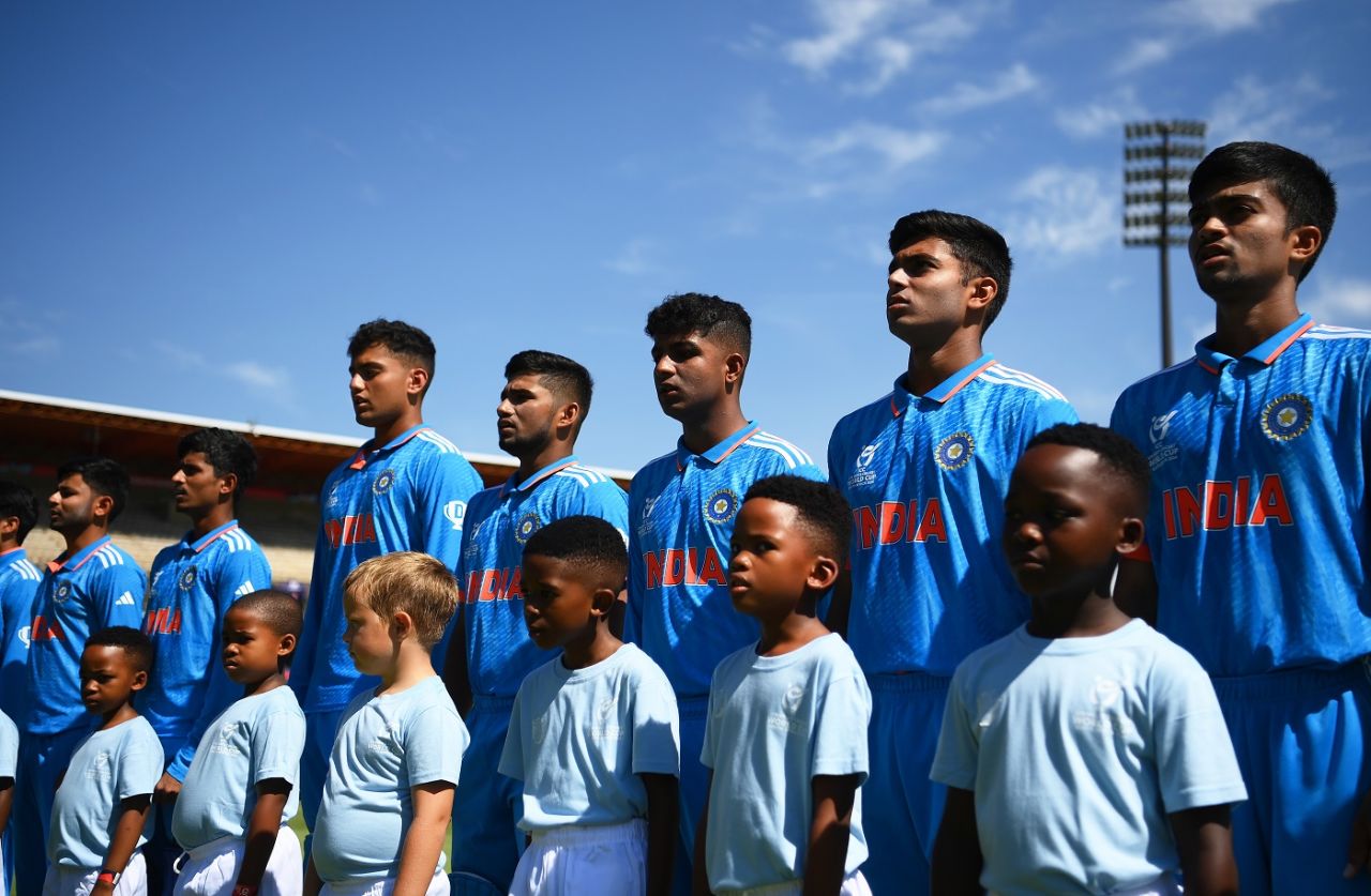Team India lines up for the national anthem, India vs USA, Under-19 World Cup, Bloemfontein, January 28, 2024