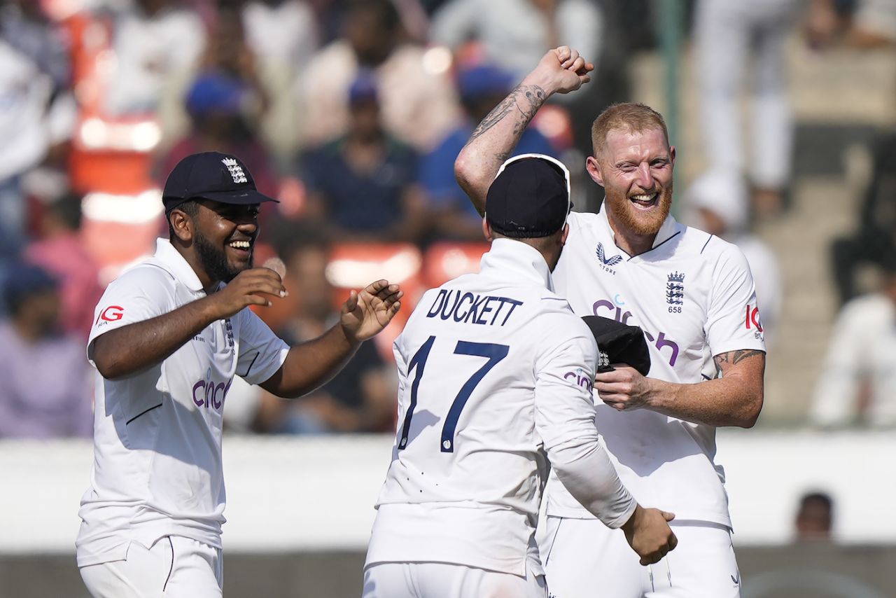 Ben Stokes is mobbed after his spectacular direct hit, India vs England, 1st Test, Hyderabad, 4th day, January 28, 2024