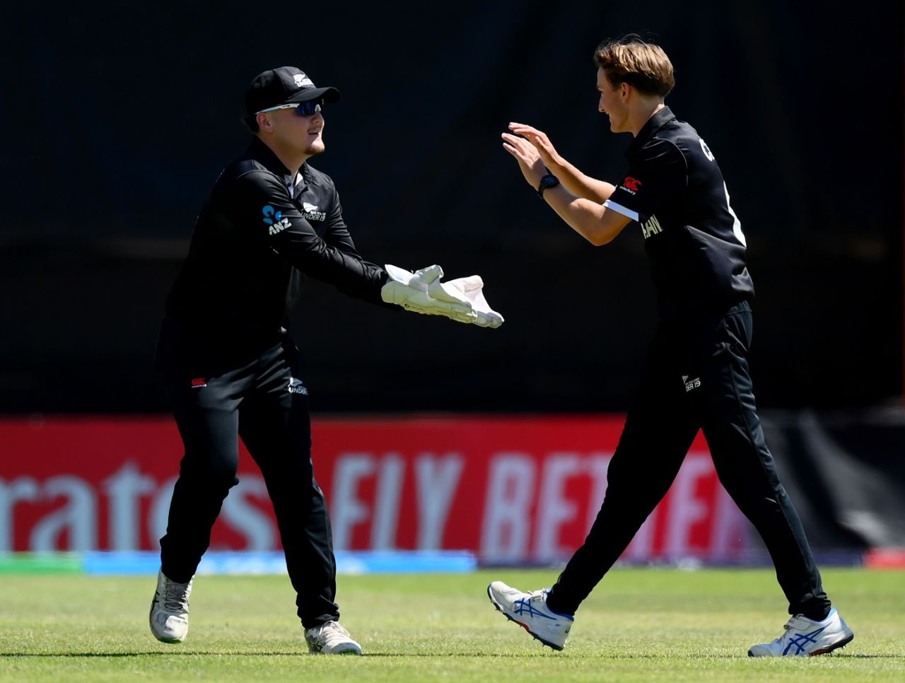 Mason Clarke celebrates after sending back Arshin Kulkarni early, India vs New Zealand, U-19 World Cup, Bloemfontein, January 30, 2024