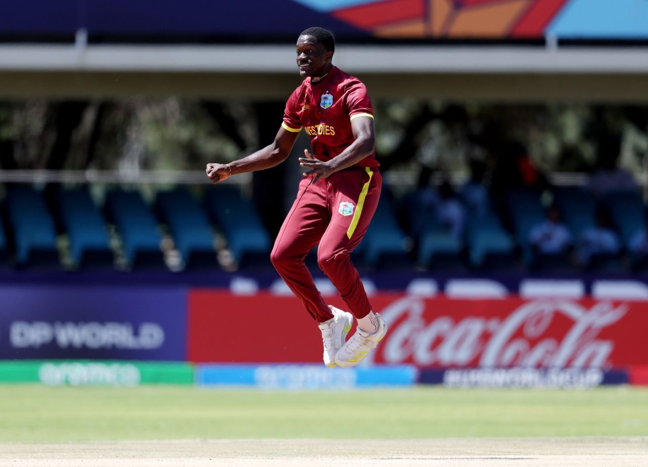 Raneico Smith celebrates the wicket of Pulindu Perera, Sri Lanka vs West Indies, Kimberley, Super Sixes, Under-19 Men's World Cup, January 30, 2024