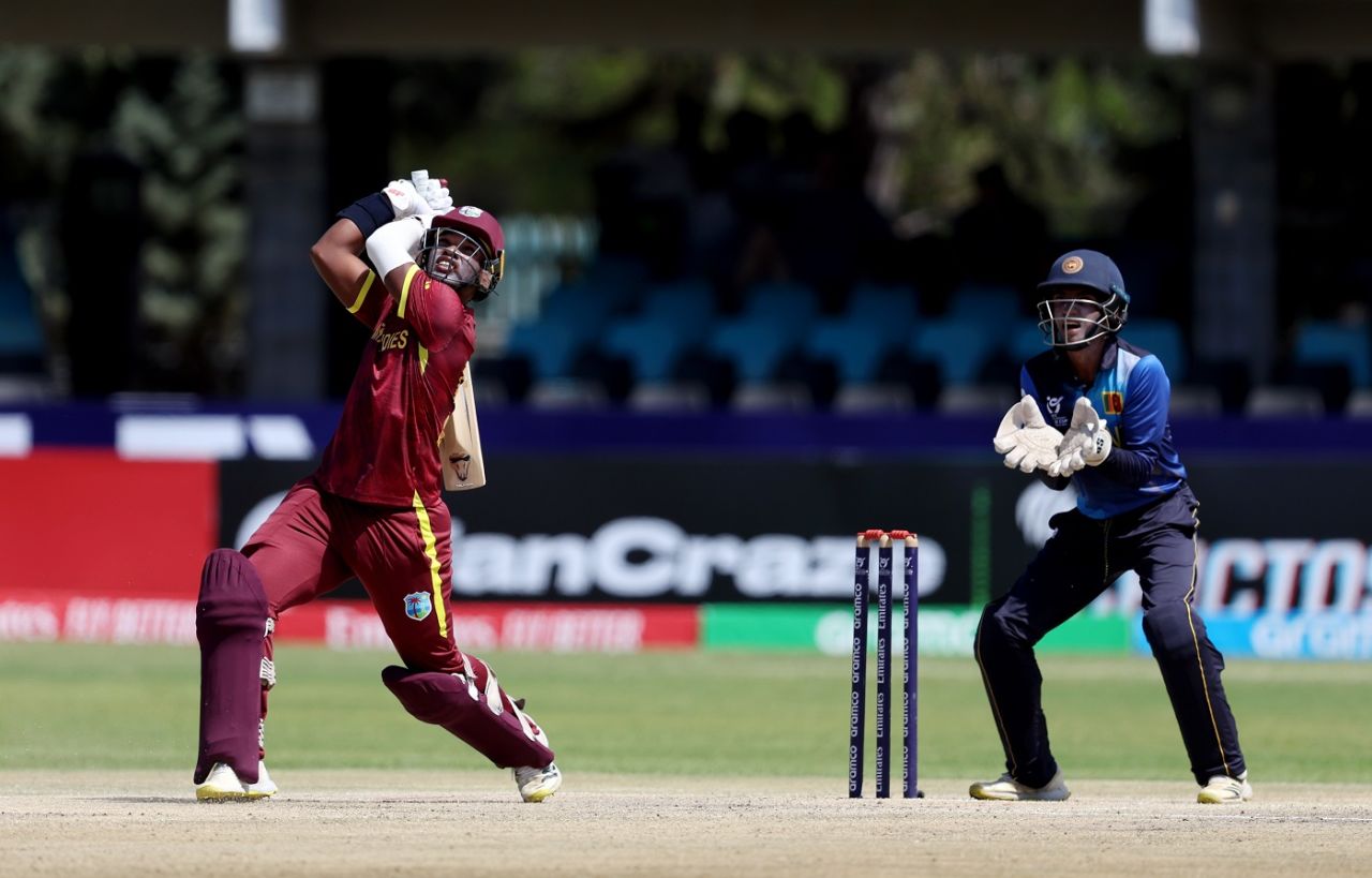 Steve Wedderburn goes aerial as wicketkeeper Sharujan Shanmuganathan looks on, Sri Lanka vs West Indies, Kimberley, Super Sixes, Under-19 Men's World Cup, January 30, 2024
