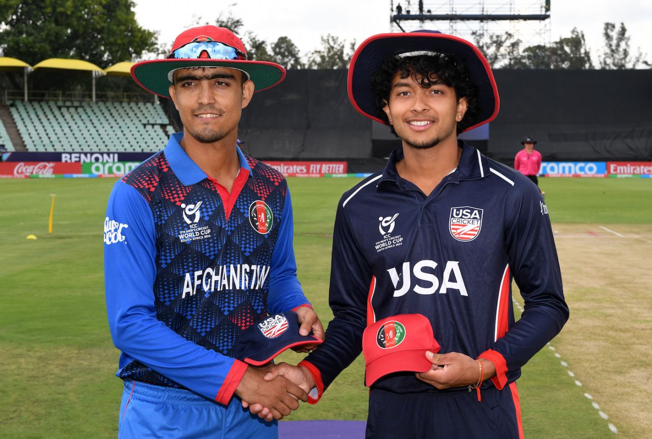 Naseer Khan Maroofkhil and Rishi Ramesh, the two captains, pose at the toss, Afghanistan vs USA, Under-19 World Cup Super Six, Benoni, January 31, 2024