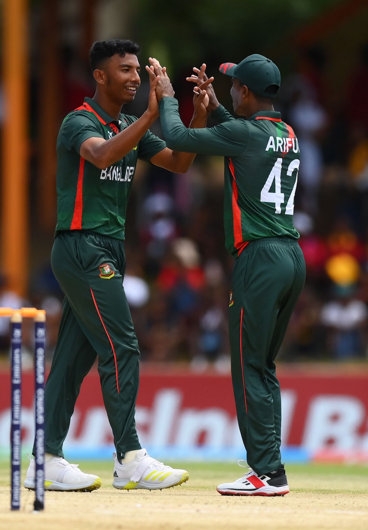 Iqbal Hossain Emon (L) and Ariful Islam celebrate, Bangladesh vs Nepal, Under-19 World Cup Super Six, Bloemfontein, January 31, 2024