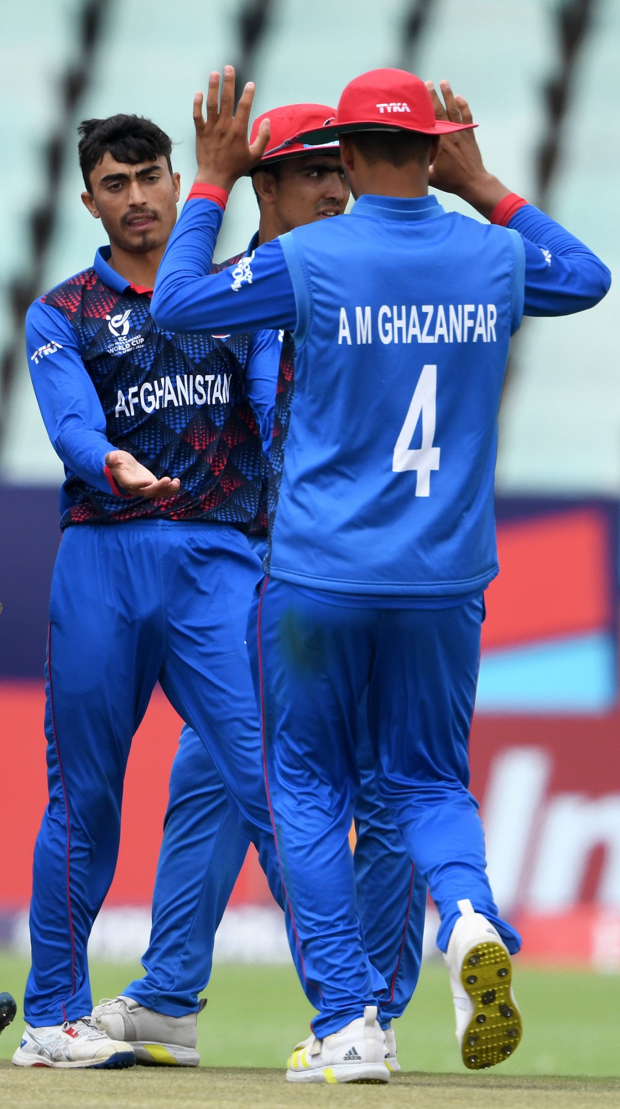 Arab Gul celebrates Aryaman Suri's wicket with his team-mates, Afghanistan vs USA, Under-19 World Cup Super Six, Benoni, January 31, 2024