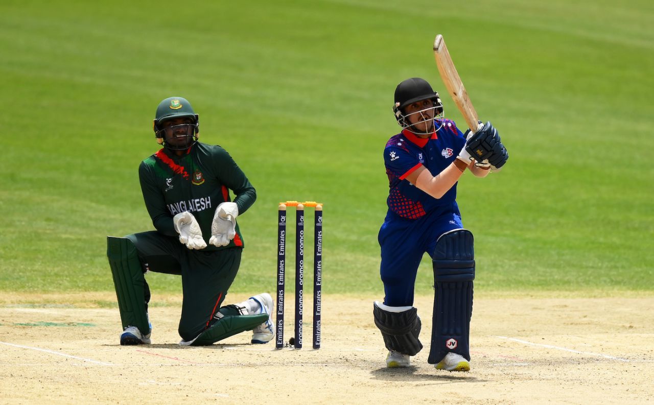 Bishal Bikram KC goes over the infield, Bangladesh vs Nepal, Under-19 World Cup Super Six, Bloemfontein, January 31, 2024