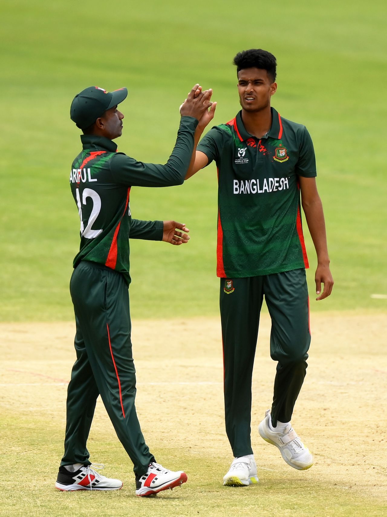 Ariful Islam and Rohanat Doullah Borson celebrate Akash Chand's wicket, Bangladesh vs Nepal, Bloemfontein, Super Sixes, Under-19 Men's World Cup, January 31, 2024