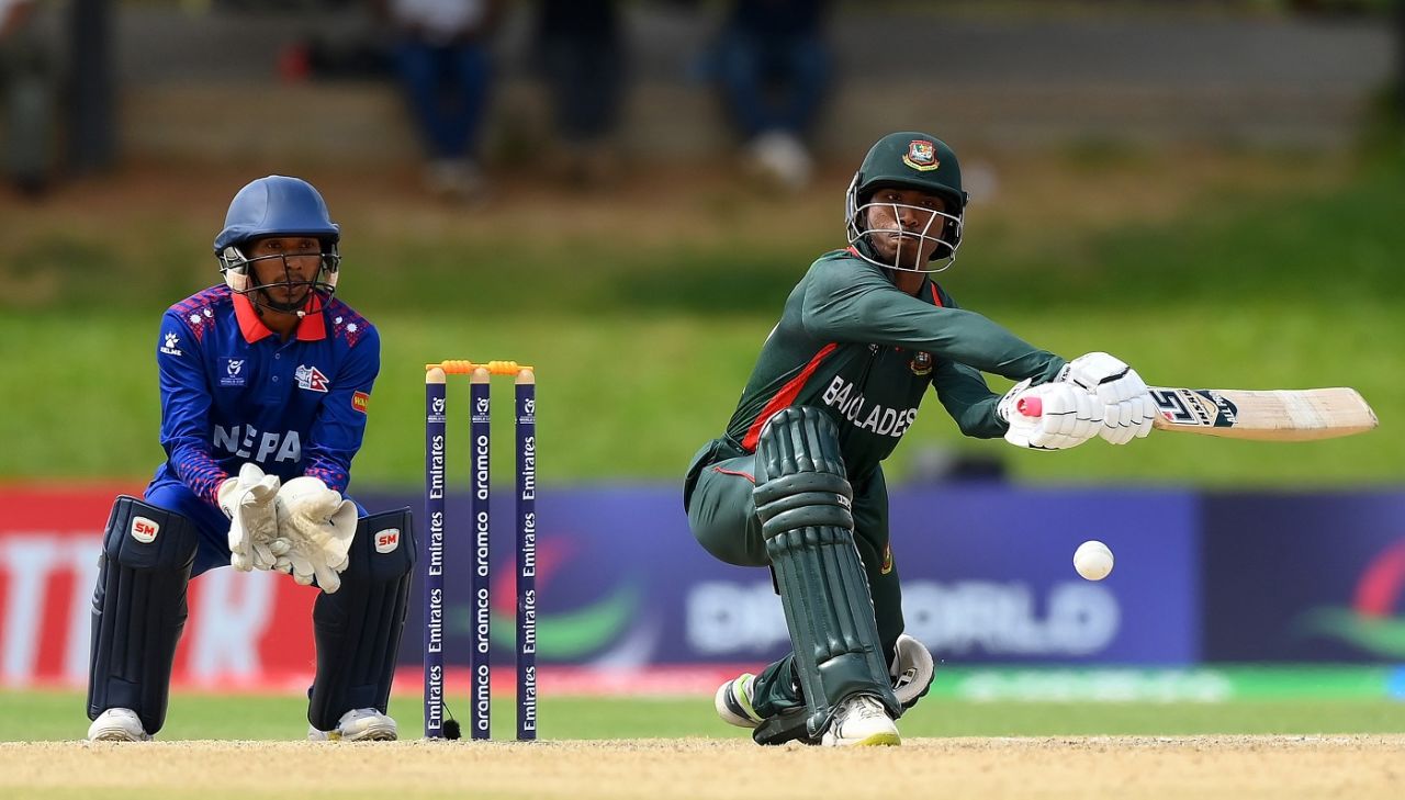 Ariful Islam plays a reverse sweep on his way to an unbeaten 59 off 38 balls, Bangladesh vs Nepal, Bloemfontein, Super Sixes, Under-19 Men's World Cup, January 31, 2024
