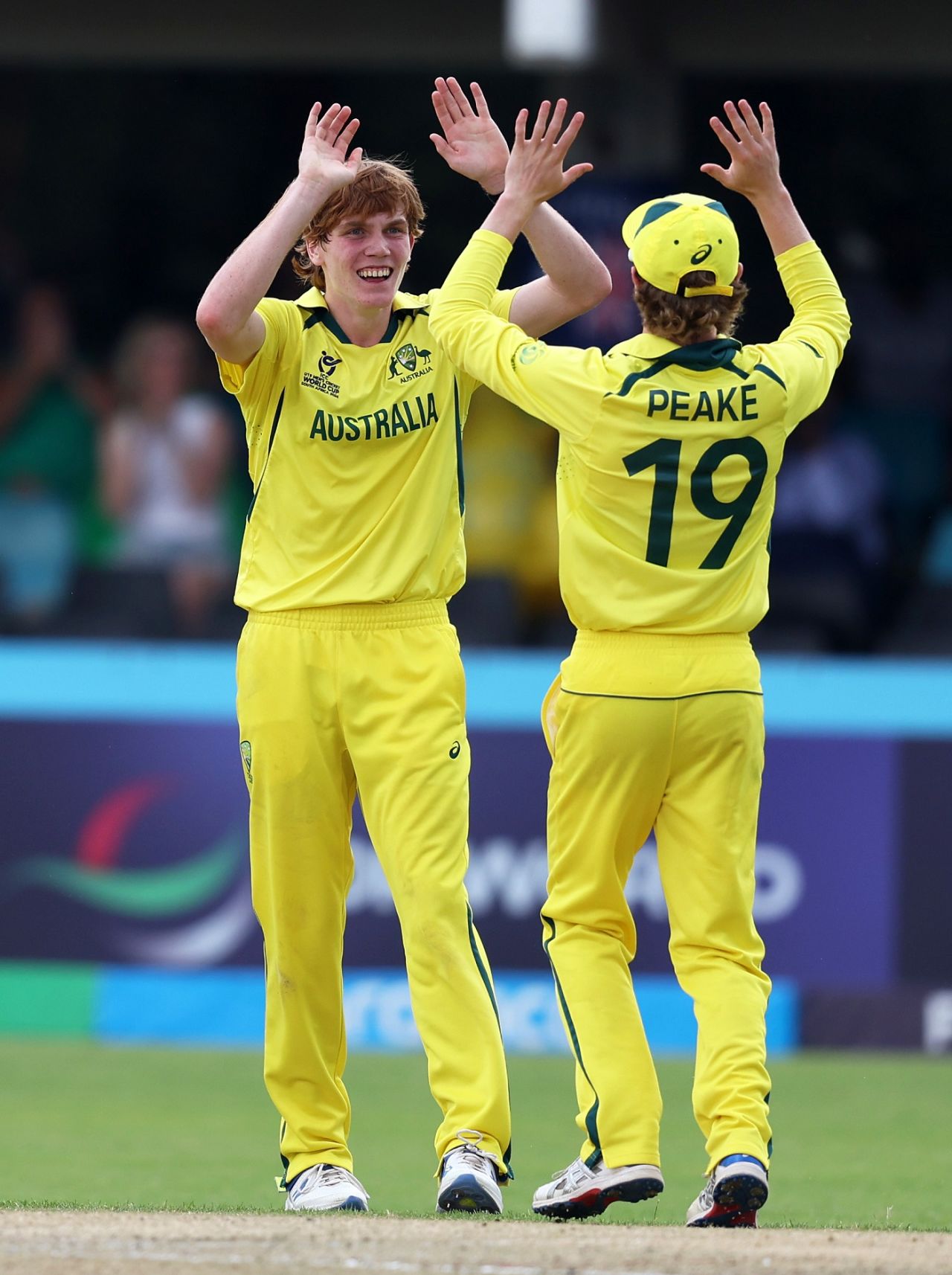 Callum Vidler and Oliver Peake celebrate the wicket of Noah Thain, Australia vs England, Kimberley, Super Sixes, U-19 Men's World Cup, January 31, 2024