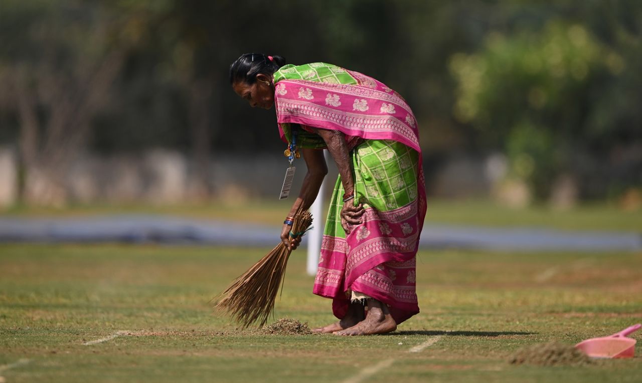 A groundstaff at work at the ACA-VDCA Stadium, ahead of the second Test, Visakhapatnam, January 31, 2024