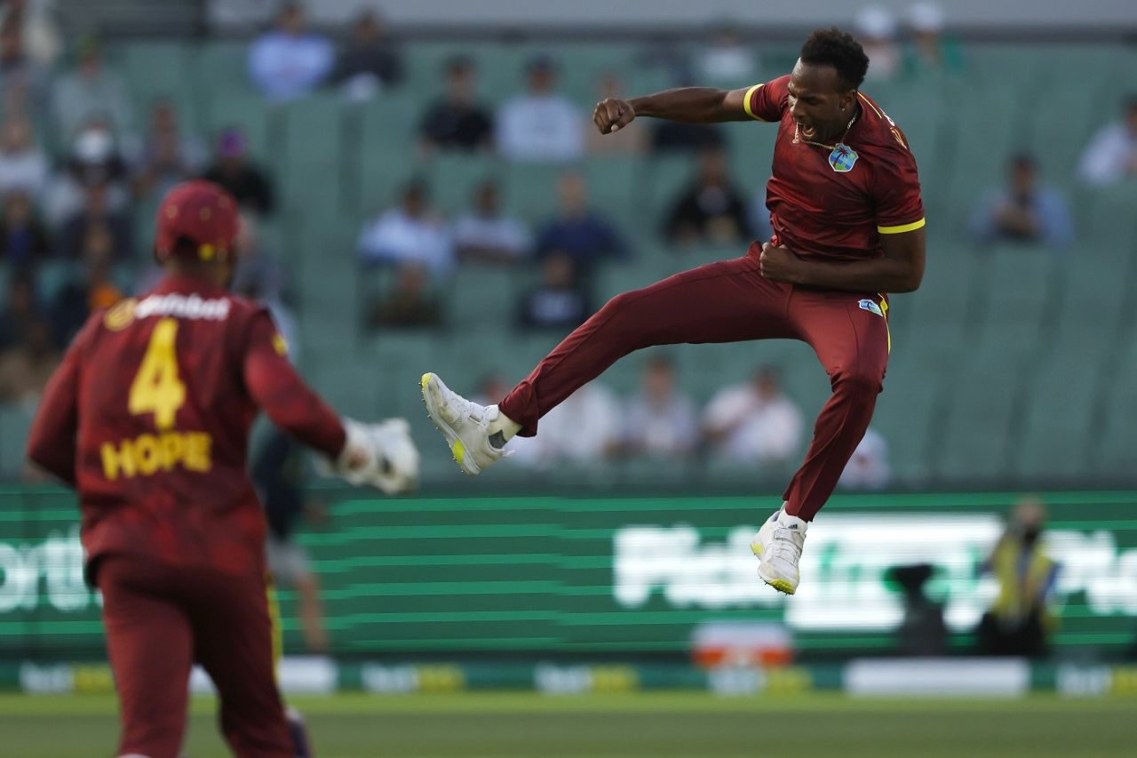 Matthew Forde celebrates dismissing Travis Head, Australia vs West Indies, 1st ODI, Melbourne, February 02, 2024