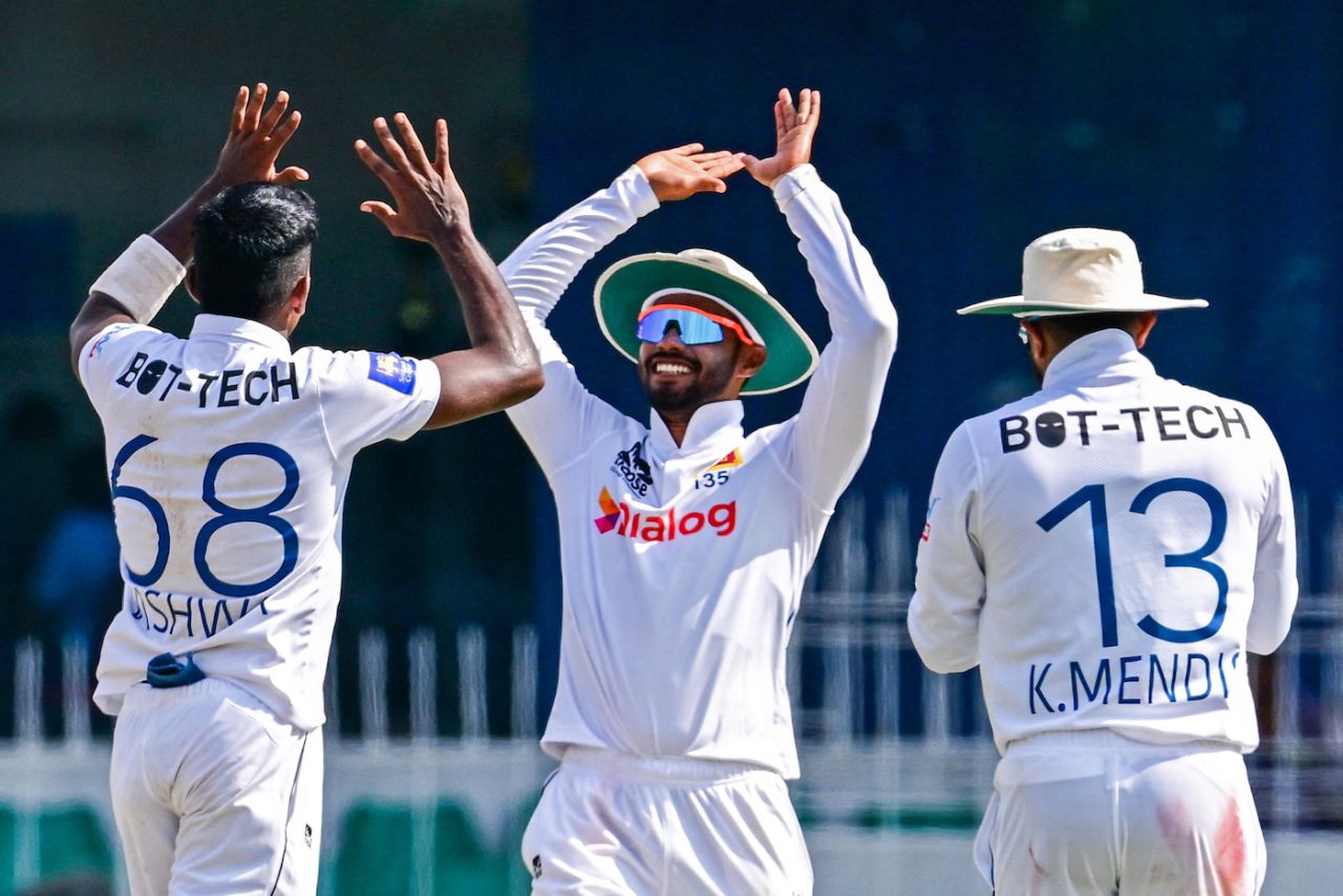 Vishwa Fernando celebrates a wicket with Dhananjaya de Silva, Sri Lanka vs Afghanistan, Only Test, Colombo, 1st day, February 2, 2024