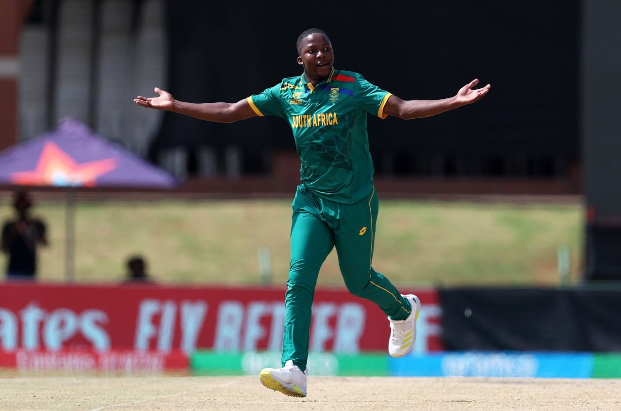 Kwena Maphaka wheels away in celebration, South Africa vs Sri Lanka, Under-19 World Cup Super Six, Potchefstroom, February 2, 2024
