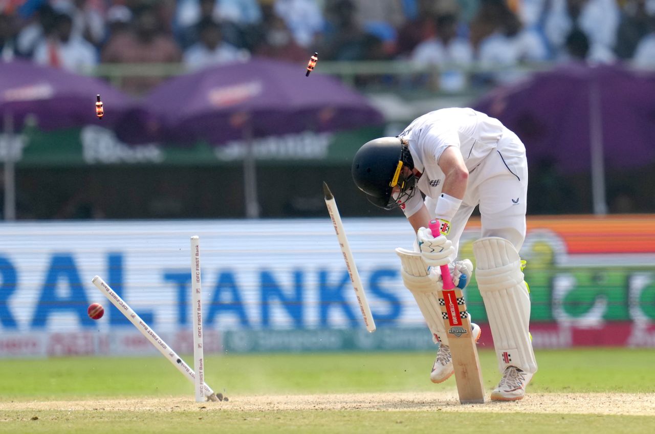 Ollie Pope's stumps are destroyed by a Jasprit Bumrah yorker, India vs England, 2nd Test, Visakhapatnam, 2nd day, February 3, 2024