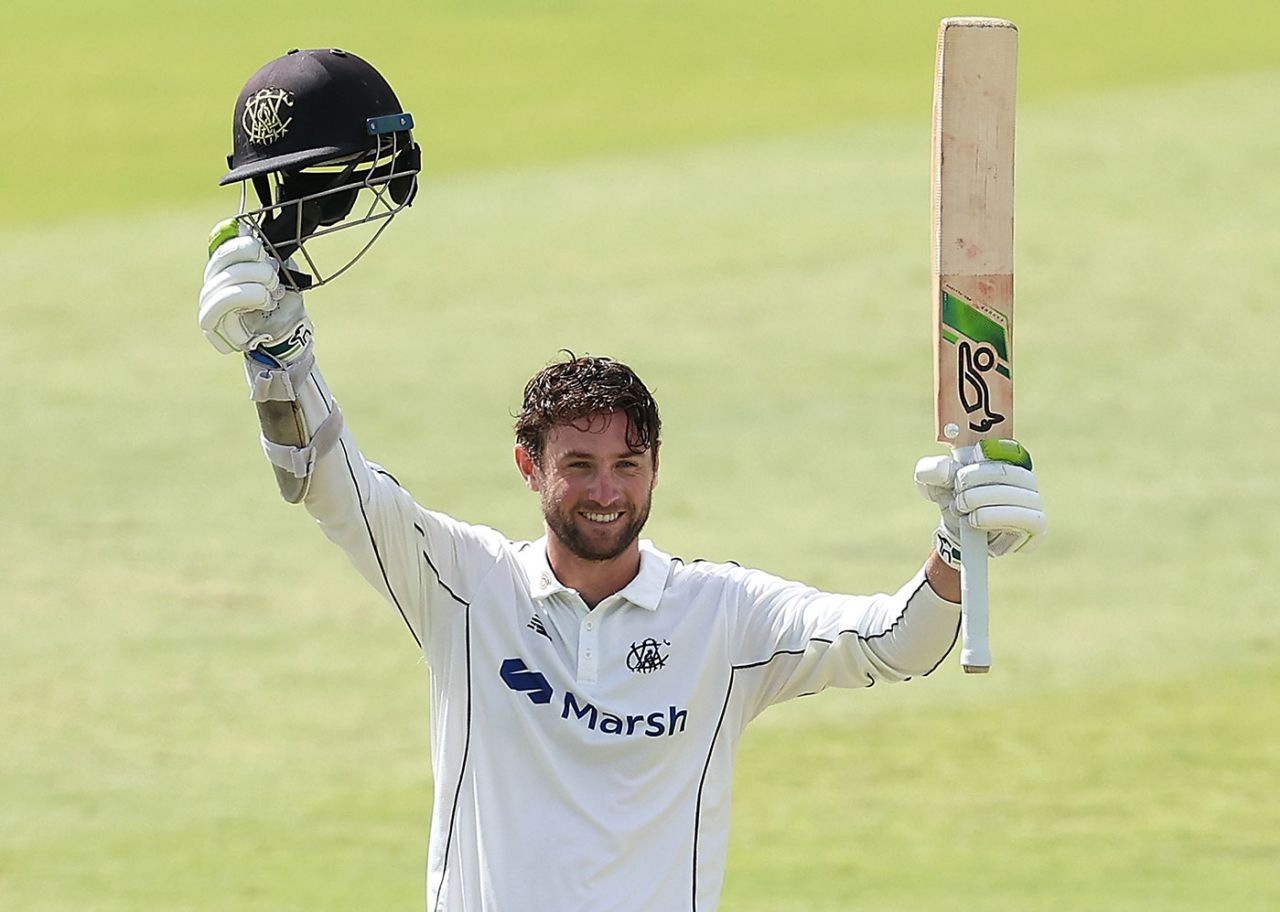 Sam Whiteman celebrates his century, Western Australia vs New South Wales, Sheffield Shield, WACA, February 3, 2024