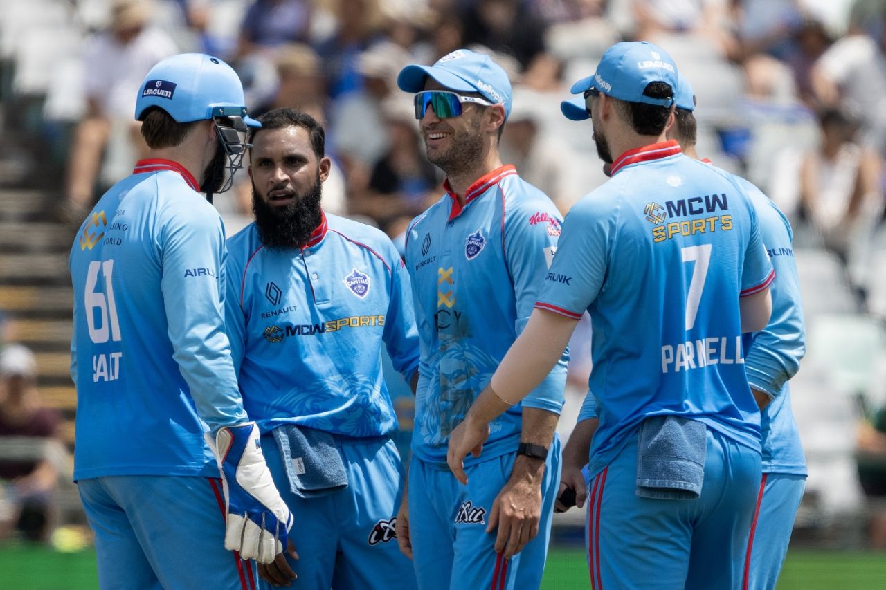 Adil Rashid celebrates with his team-mates after dismissing Liam Livingstone, MI Cape Town vs Pretoria Capitals, Cape Town, SA20, February 3, 2024