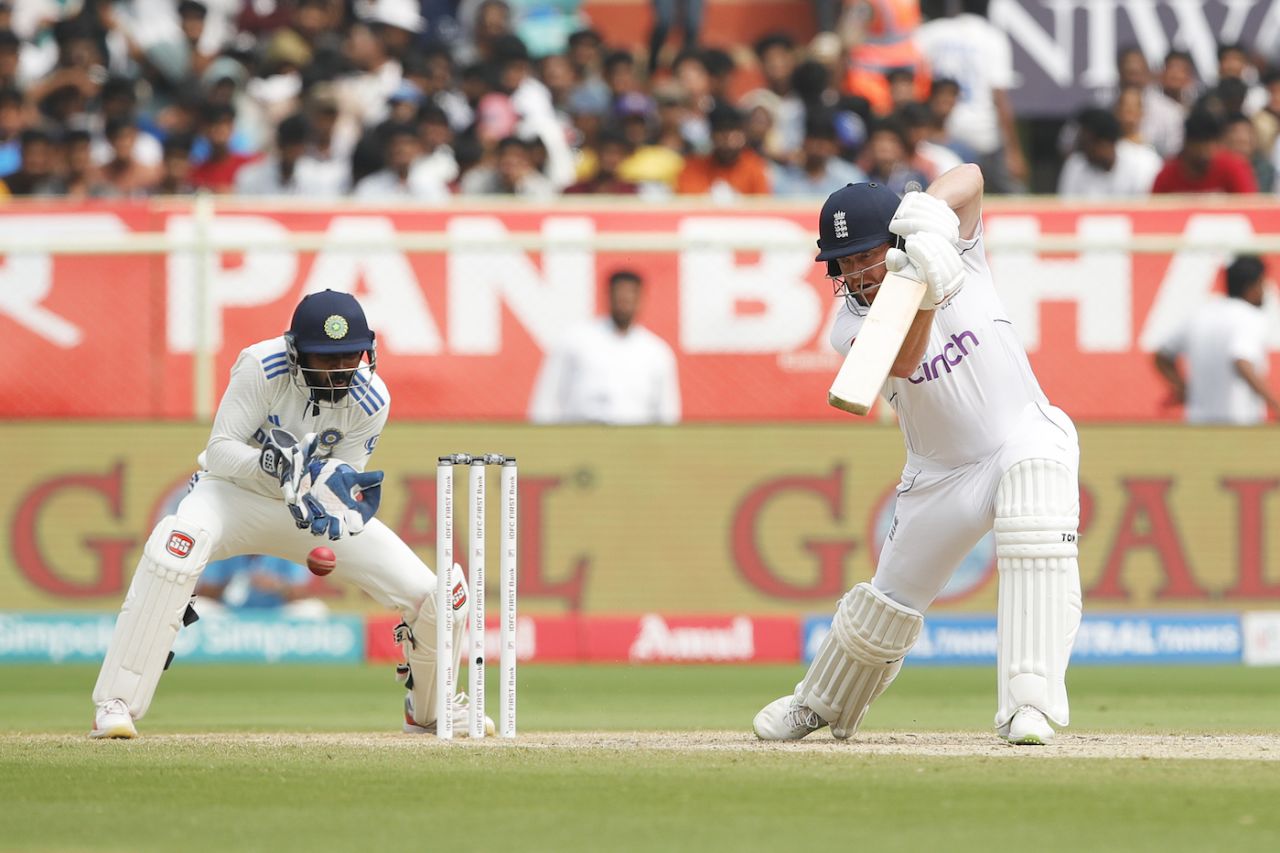 Jonny Bairstow looks to play predominantly on the off side against spin, India vs England, 2nd Test, Visakhapatnam, 4th day, February 5, 2024