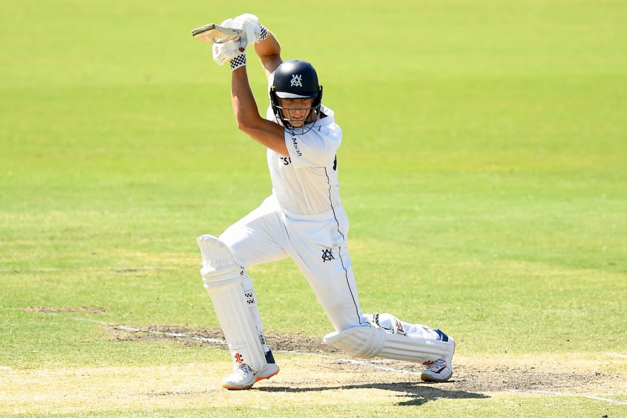 Campbell Kellaway drives through cover-point, Victoria vs South Australia, Sheffield Shield, Junction Oval, February 6, 2023
