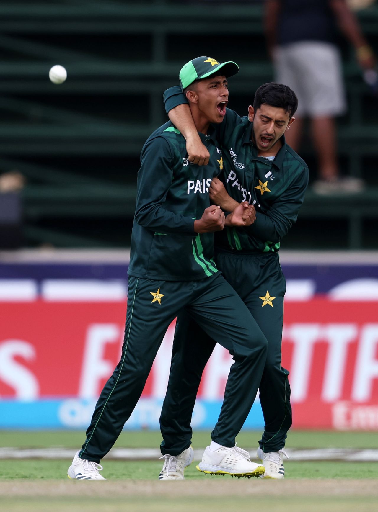Haroon Arshad (L) celebrates with Azan Awais after taking the catch to dismiss Hugh Weibgen, Australia vs Pakistan, Under-19 World Cup 2024, 2nd semi-final, Benoni, February 8, 2024