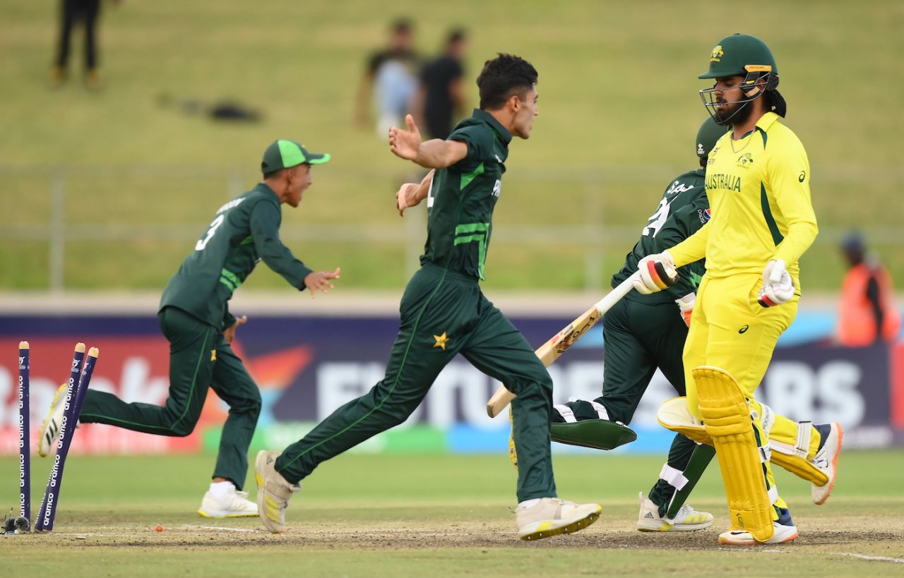 Harjas Singh was run out after a mix-up with Harry Dixon, Australia vs Pakistan, Under-19 World Cup 2024, 2nd semi-final, Benoni, February 8, 2024