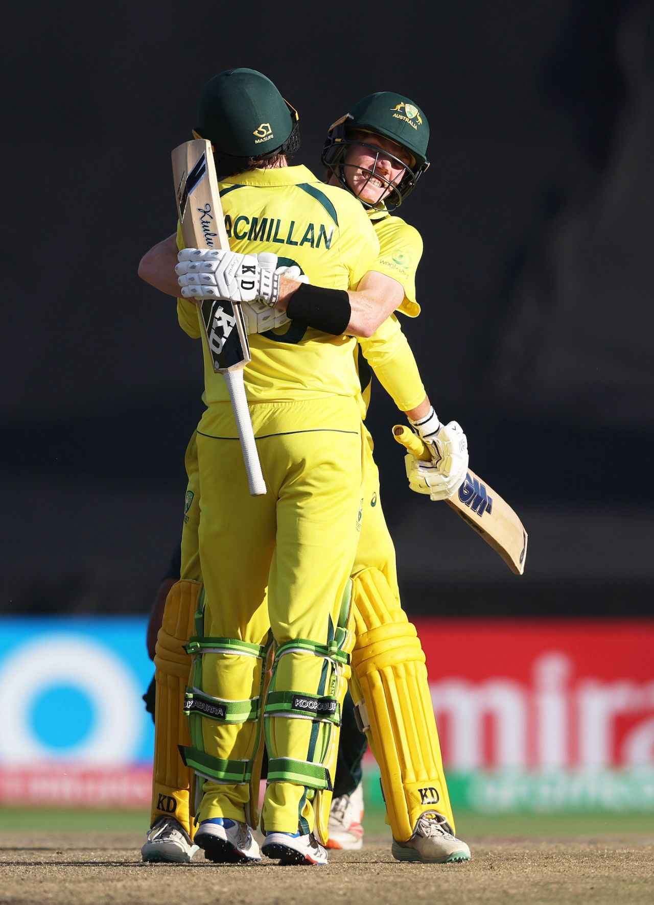 Raf McMillan and Callum Vidler celebrate after the win, Australia vs Pakistan, Under-19 World Cup 2024, 2nd semi-final, Benoni, February 8, 2024