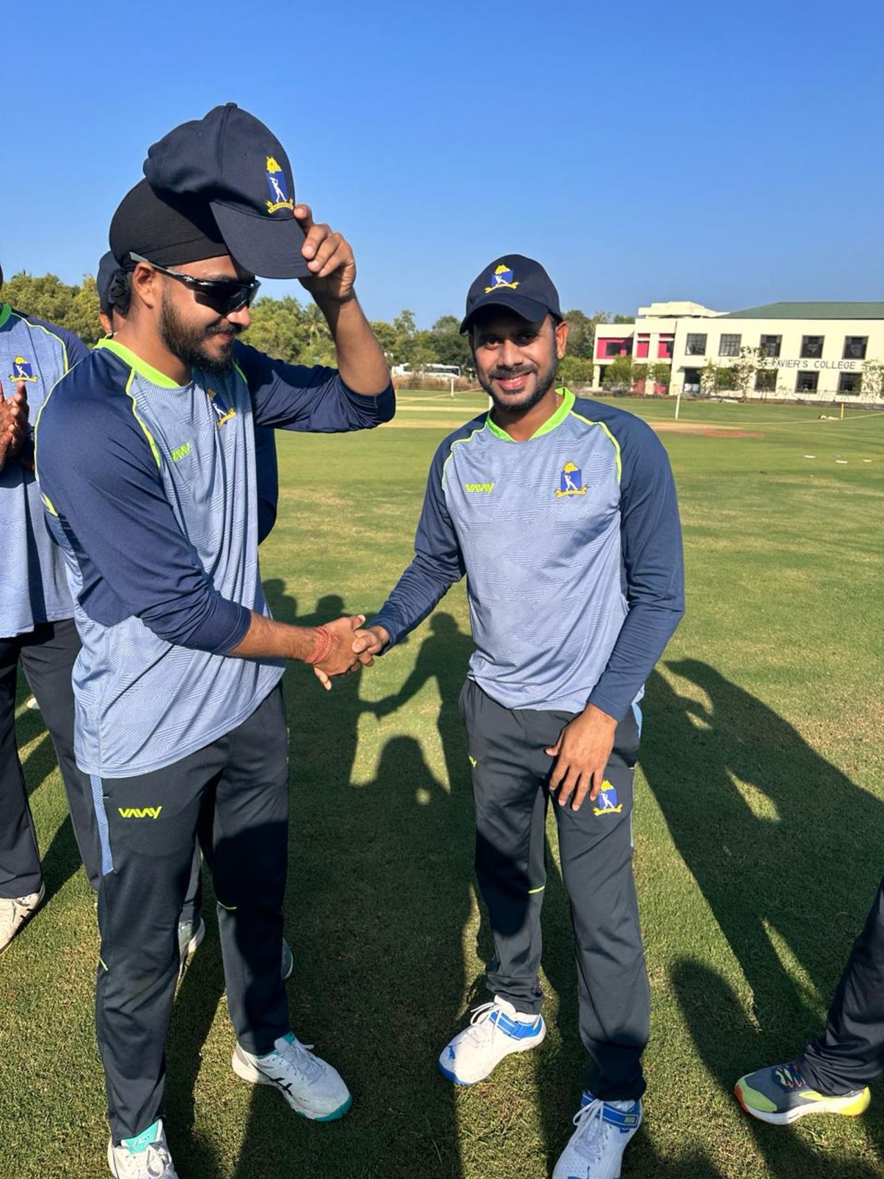 Bengal debutant Ranjot Singh Khaira gets his cap from Manoj Tiwary, Thumba, February 9, 2024