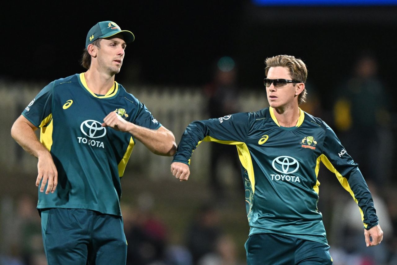Adam Zampa and Mitch Marsh celebrate a wicket, Australia vs West Indies, 1st T20I, Hobart, February 9, 2024