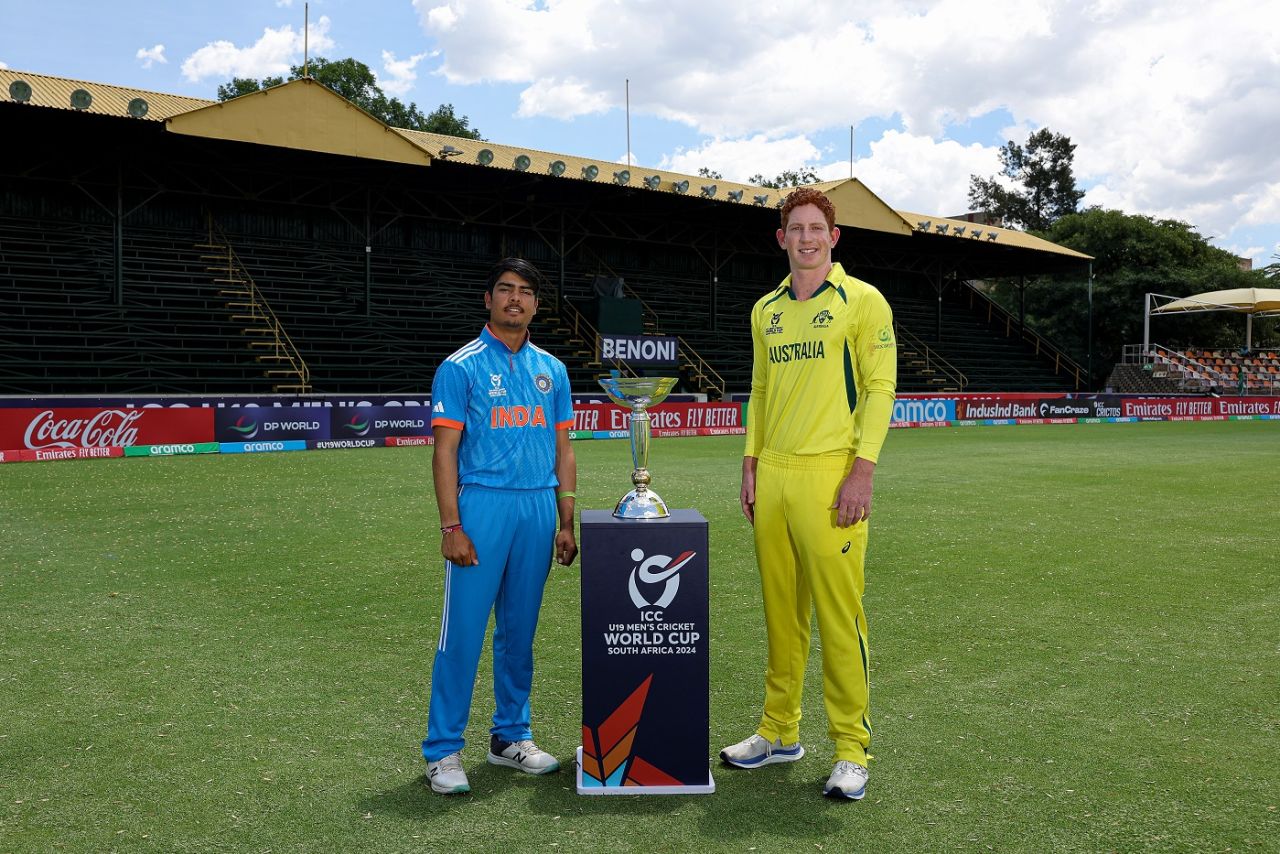 Uday Saharan and Hugh Weibgen pose with the Under-19 World Cup trophy, Benoni, February 10, 2024