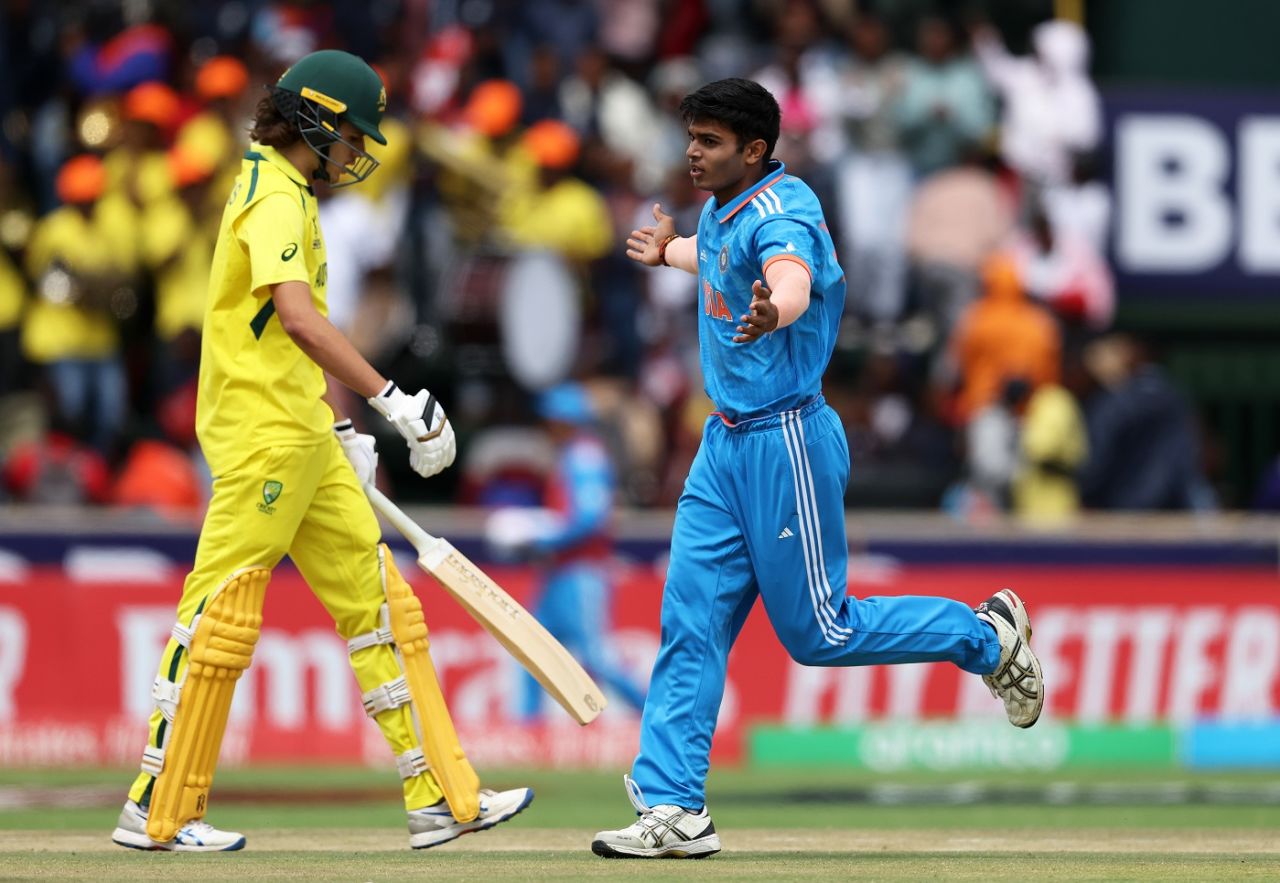 Raj Limbani castled Sam Konstas with an inducker, Australia vs India, final, Benoni, Under-19 World Cup, February 11, 2024
