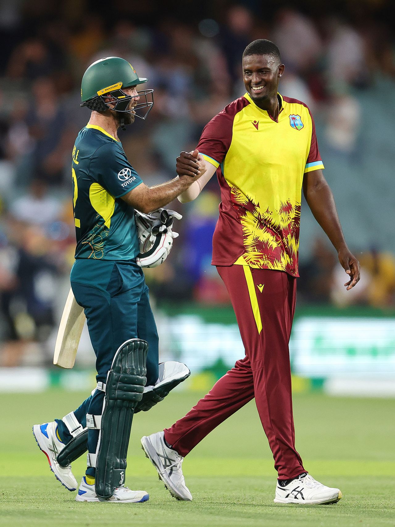 Jason Holder congratulates Glenn Maxwell after his innings, Australia vs West Indies, 2nd T20I, Adelaide, February 11, 2024