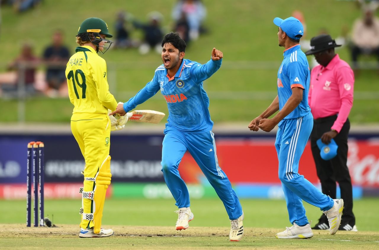 Saumy Pandey exults after taking out Harjas Singh for 55, Australia vs India, final, Benoni, Under-19 World Cup, February 11, 2024