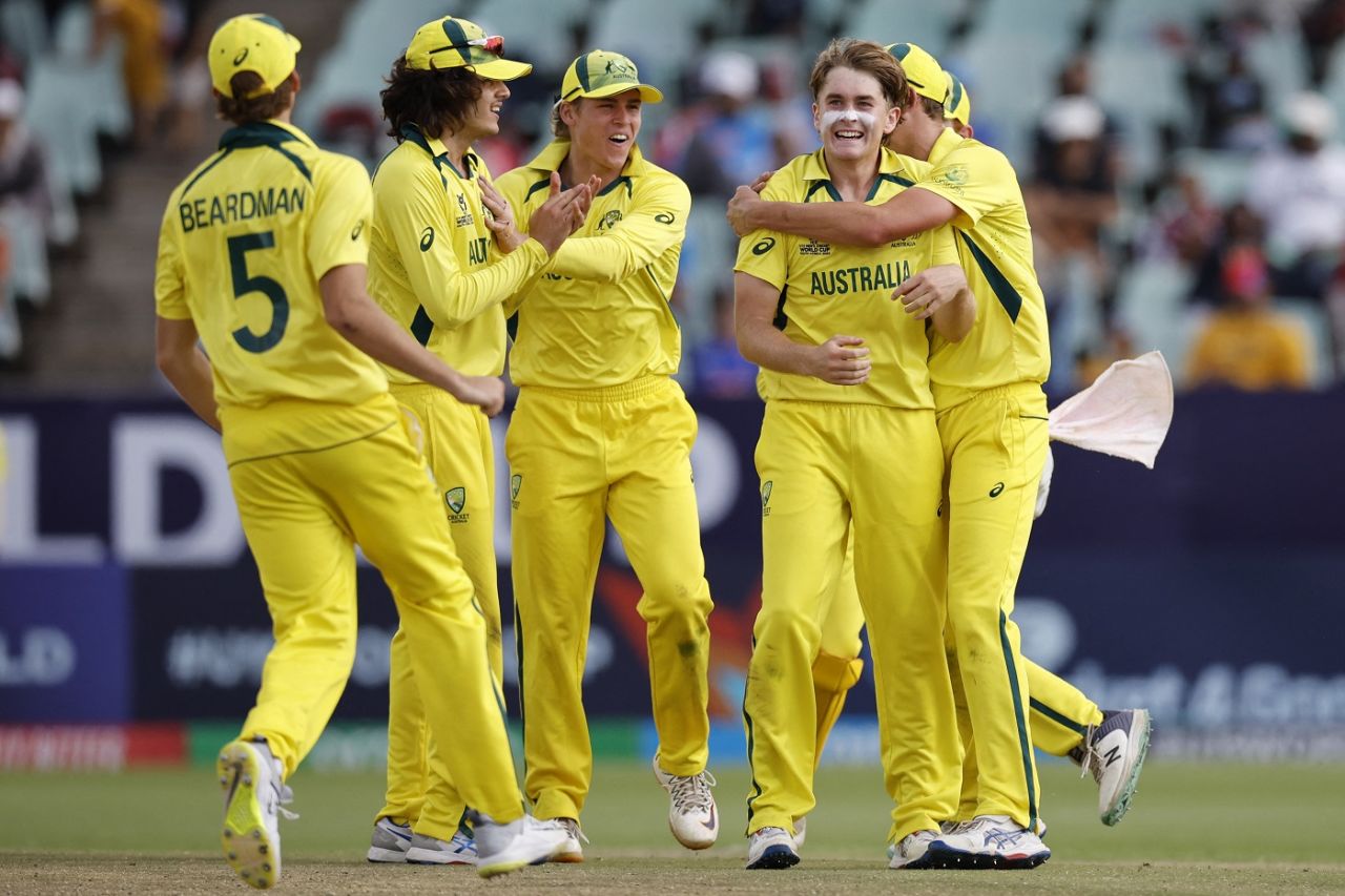 Raf MacMillan picked his second wicket when he had Aravelly Avanish chip one back at him, Australia vs India, final, Benoni, Under-19 World Cup, February 11, 2024