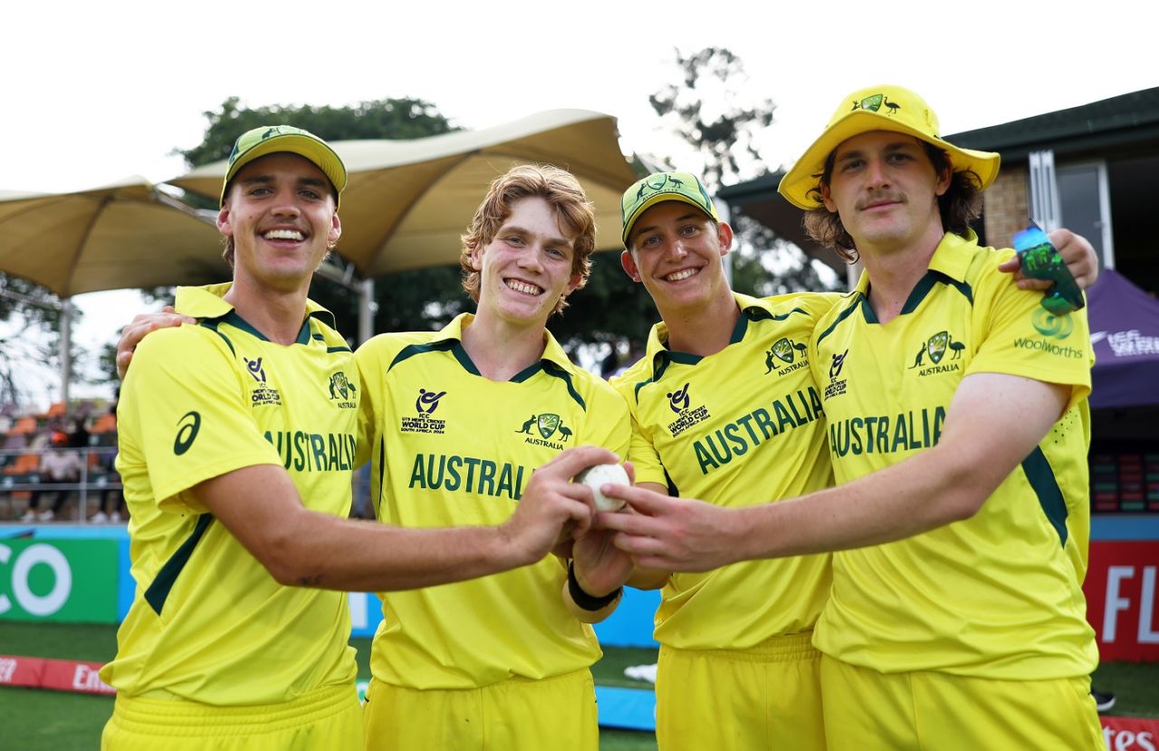 The fast-bowling cartel - Mahli Beardman, Callum Vidler, Charlie Anderson and Tom Straker, Australia vs India, final, Benoni, Under-19 World Cup, February 11, 2024