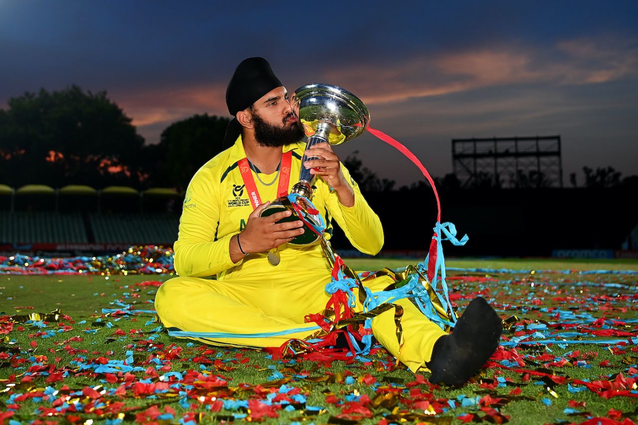Harjas Singh kisses the Under 19 World Cup trophy, Australia vs India, final, Benoni, Under-19 World Cup, February 11, 2024