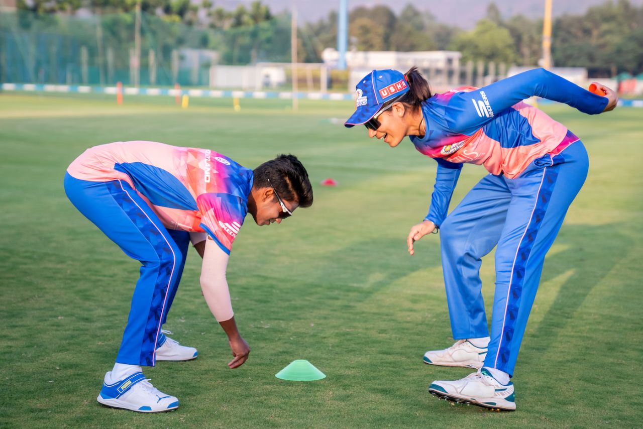 Pooja Vastrakar and Yastika Bhatia have some fun during fielding drills, WPL 2024, February 12, 2024