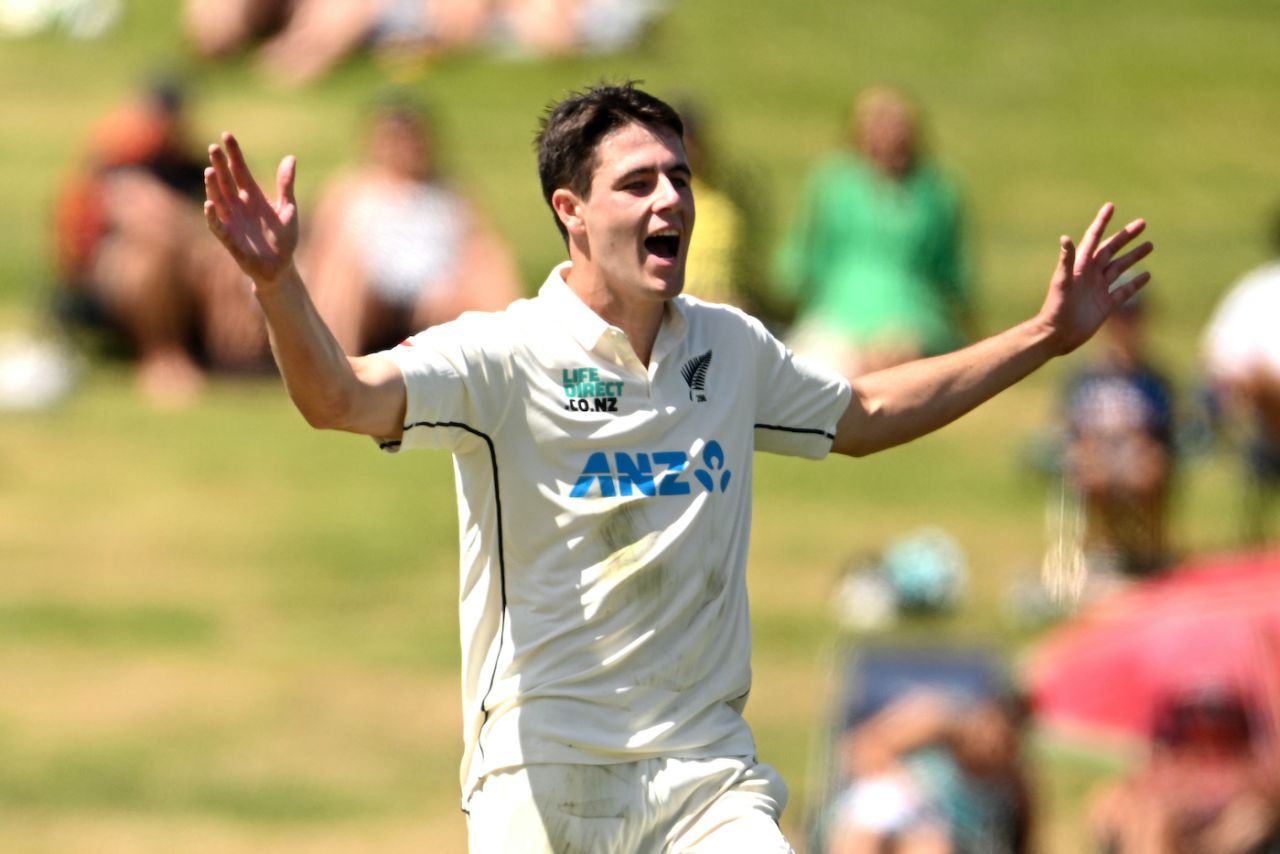 William O'Rourke took his maiden Test wicket in his first spell, New Zealand vs South Africa, 2nd Test, Hamilton, 1st day, February 13, 2024