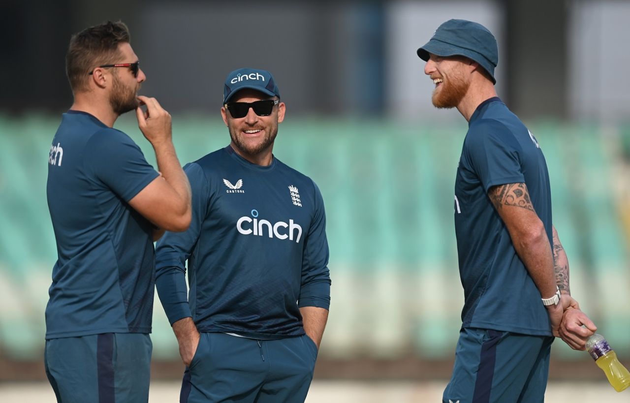 Ben Stokes, Brendon McCullum and selector Luke Wright in discussion, Rajkot, February 13, 2024