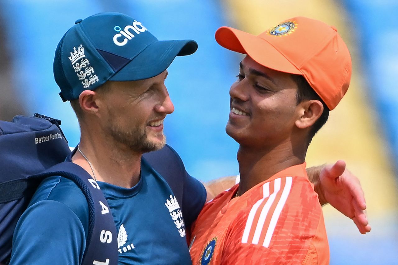 The Royals catch-up - IPL mates Joe Root and Yashasvi Jaiswal greet each other, India vs England, 3rd Test, Rajkot, February 14, 2024