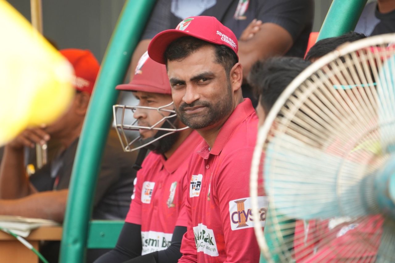 Tamim Iqbal in the dugout, Fortune Barishal vs Durdanto Dhaka, Bangladesh Premier League, Chattogram, February 14, 2024