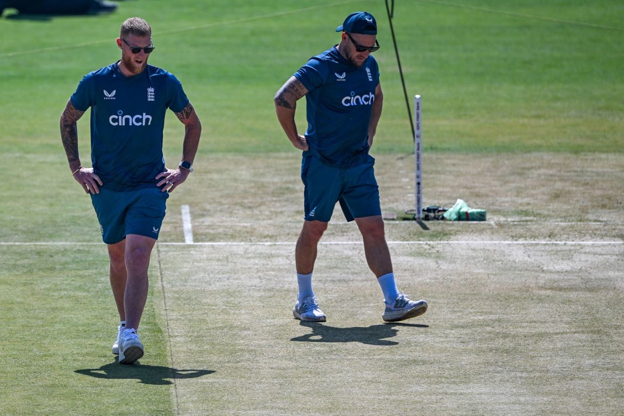 Ben Stokes and Brendon McCullum have a look at the Rajkot pitch, Rajkot, February 14, 2024