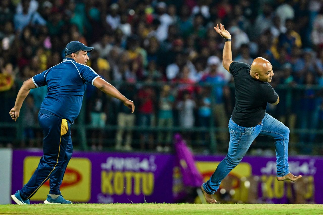 Pitch invader: A Sri Lankan fan gets a little too excited as his side rolls towards a 3-0 ODI clean sweep, Sri Lanka vs Afghanistan, 3rd ODI, Pallekele, February 14, 2024