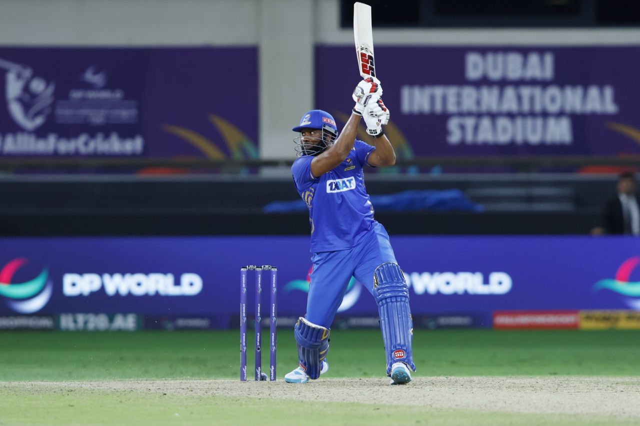 Kieron Pollard scored 27 off 14, MI Emirates vs Gulf Giants, ILT20 2024, Dubai, February 14, 2024