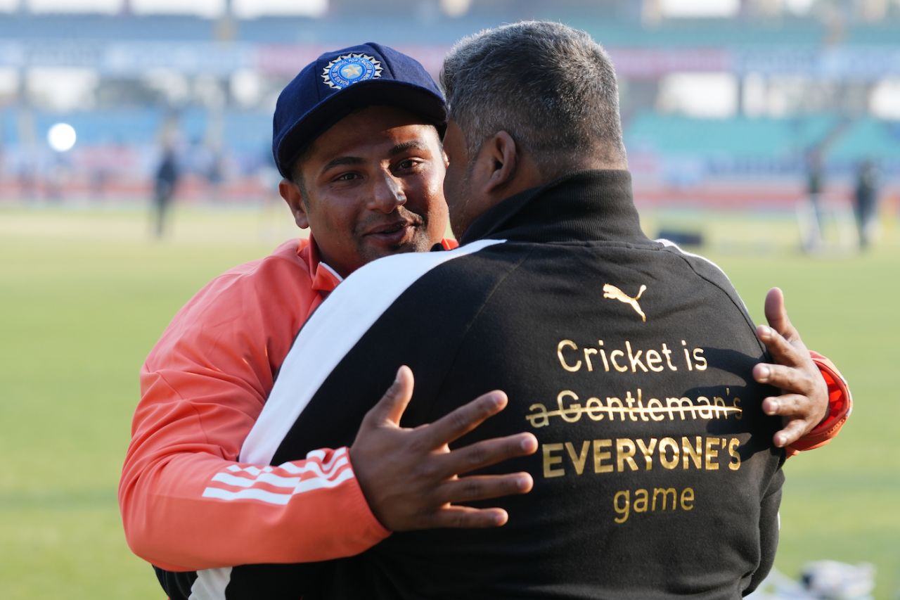 Debutant Sarfaraz Khan hugs his father after getting his Test cap, India vs England, 3rd Test, Rajkot, 1st day, February 15, 2024