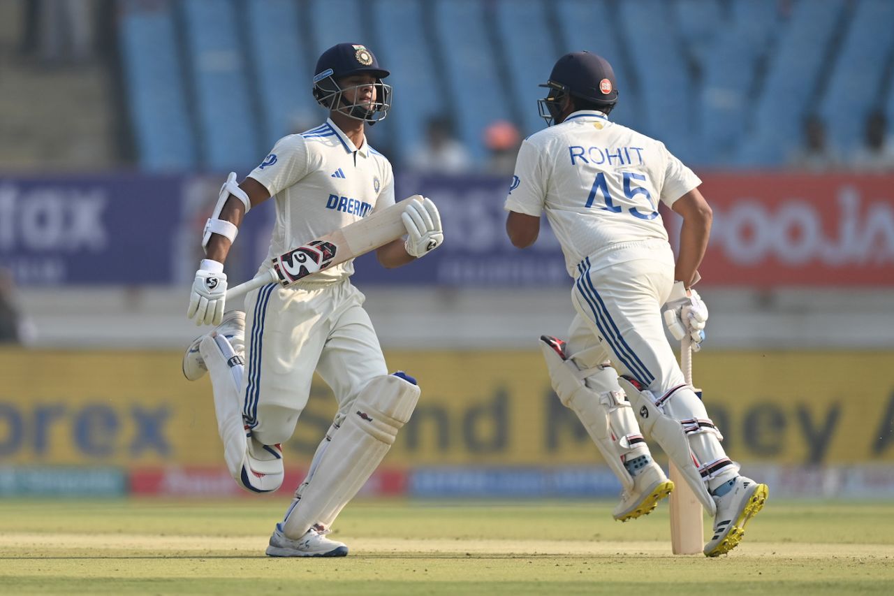 Rohit Sharma and Yashasvi Jaiswal run between the wickets, India vs England, 3rd Test, Rajkot, 1st day, February 15, 2024