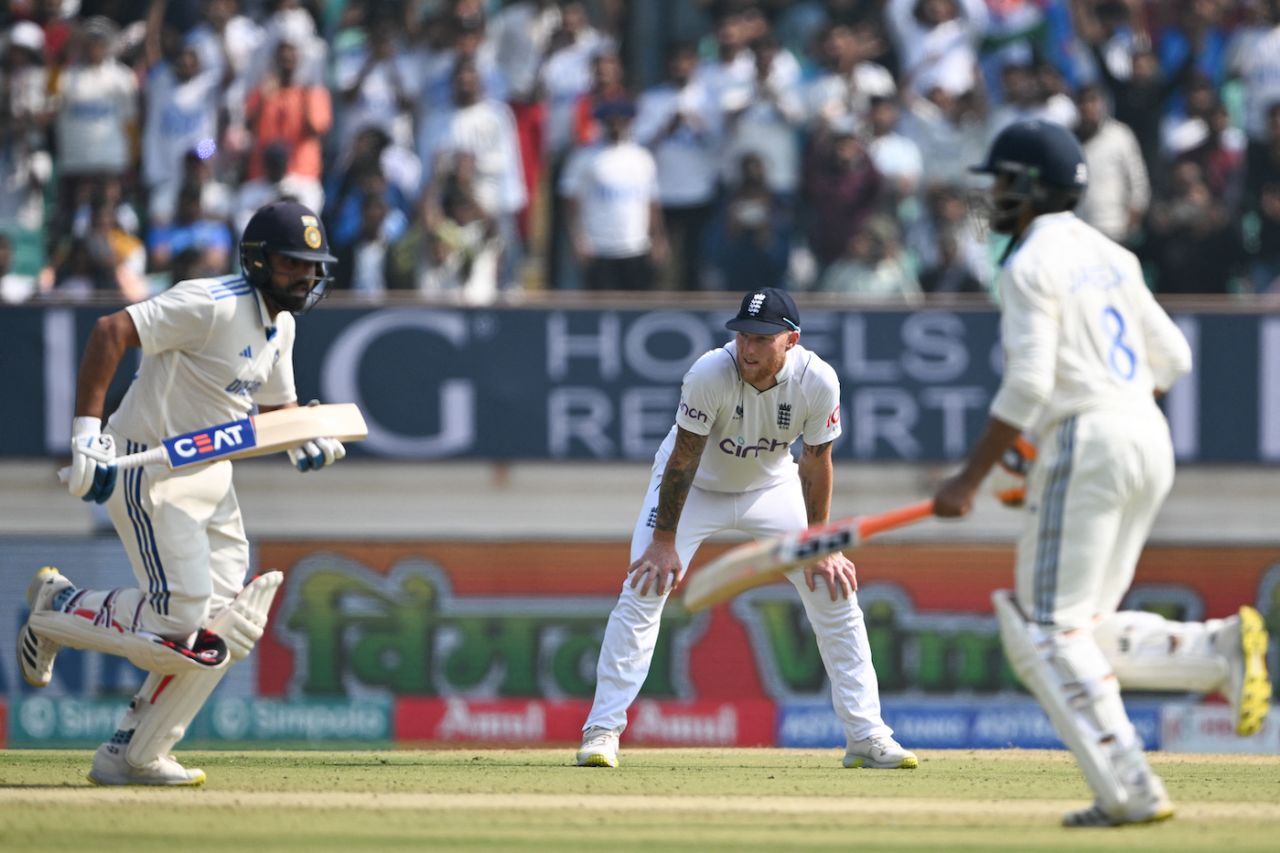 Rohit Sharma and Ravindra Jadeja run between the wickets while Ben Stokes watches on, India vs England, 3rd Test, Rajkot, 1st day, February 15, 2024